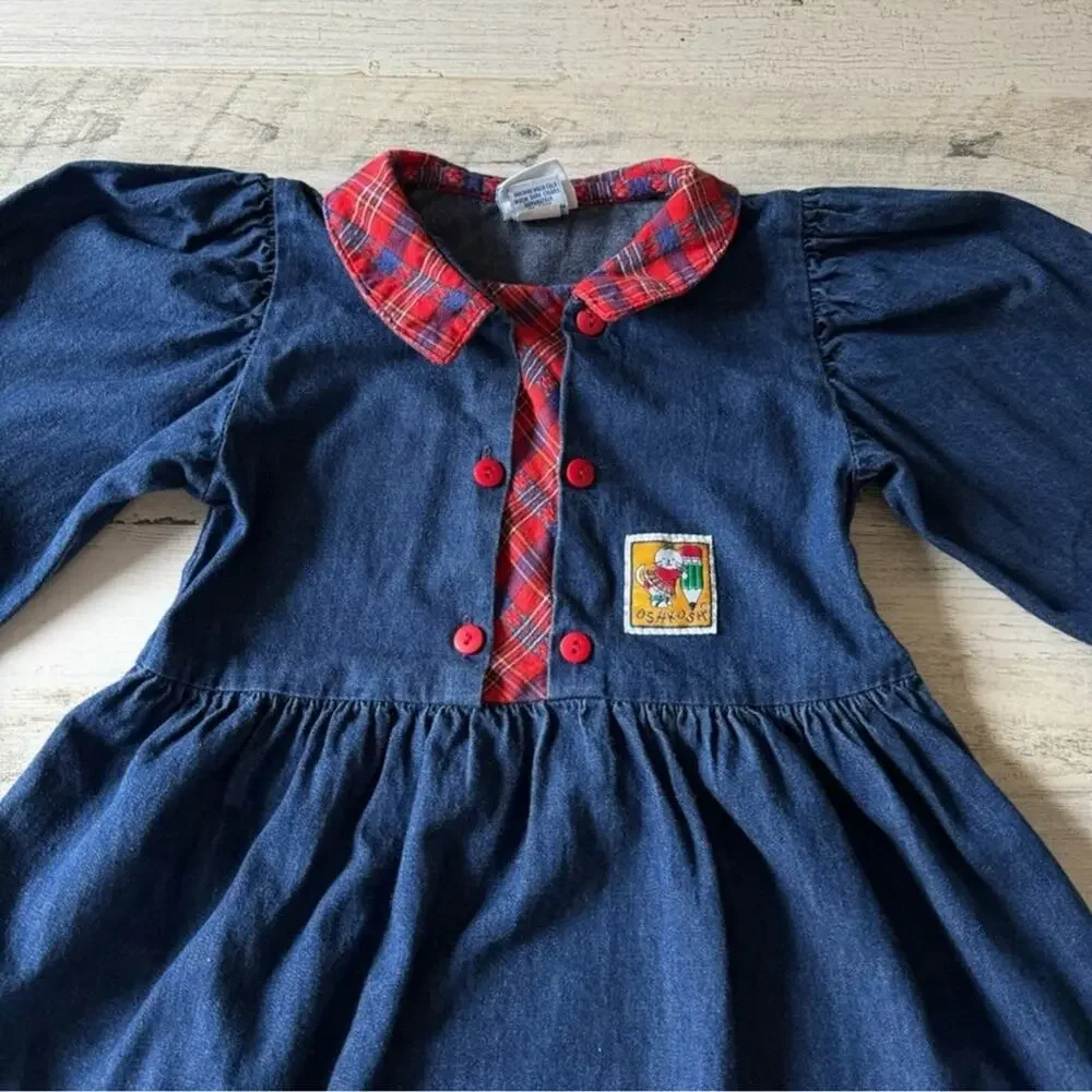 Vintage OshKosh B'gosh Girls Denim Long Sleeve Academia A-line Mini Dress Navy‎